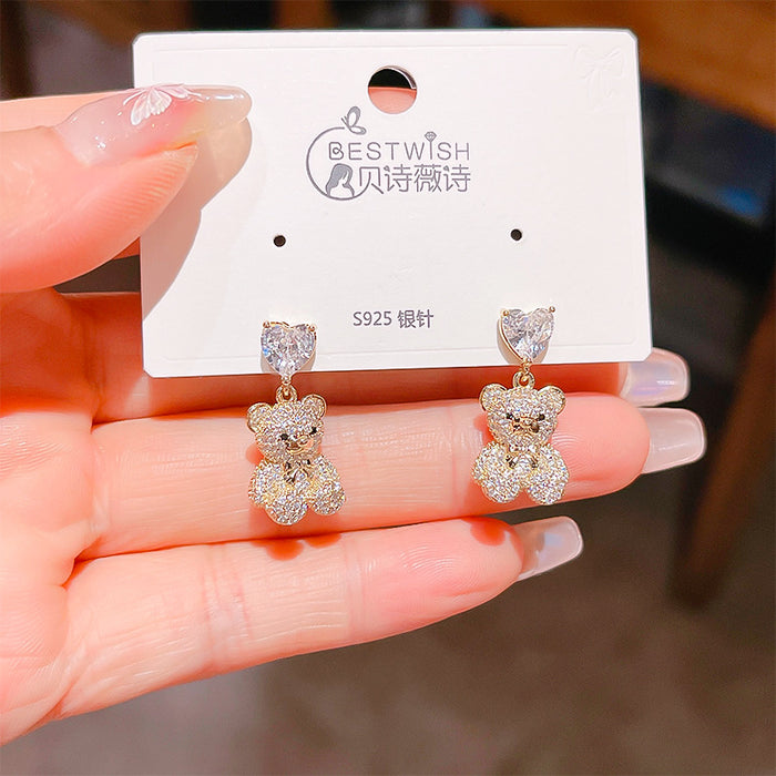 Wholesale Zircon Bear Love Earrings Silver Needle Cartoon Elegant Earrings New Earrings