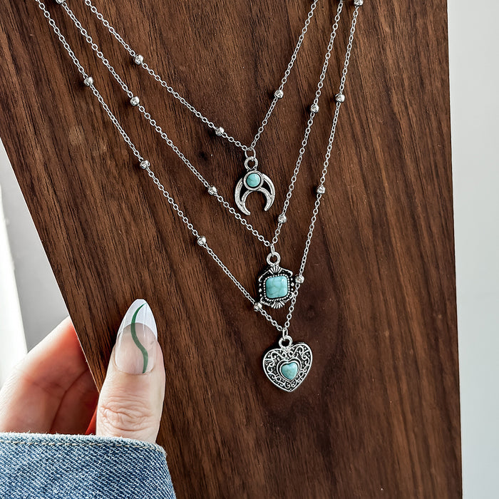 Wholesale Western Denim Style Hat Turquoise Multi-layer Necklace Women' s Vintage Flower Plate All-match Necklace