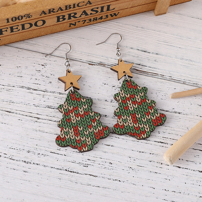 Wholesale Christmas Tree Sweater Knitted Pendant Wooden Double-Sided Earrings