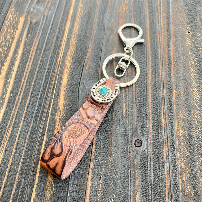 Wholesale Retro leather keychain turquoise cowhide pendant