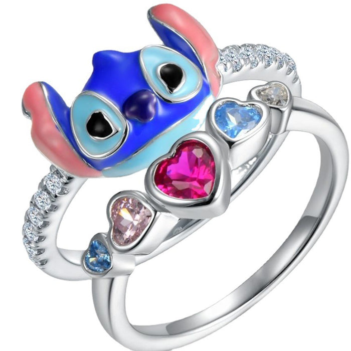 Wholesale Lilo & Stitch Anime Periphery Stitch Angel Micro-inlaid White Stone Two-piece Ring JDC-RS-jinmiao001