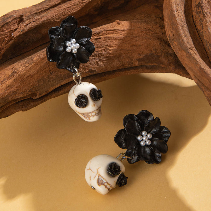 Wholesale Dark Skull Black Camellia Earrings  Funny Fun Earrings
