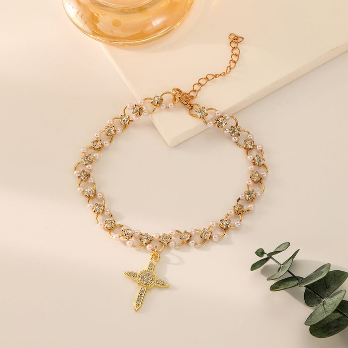 Wholesale Fashionable, versatile, personalized, trendy gold dot diamond cross ankle chain accessory