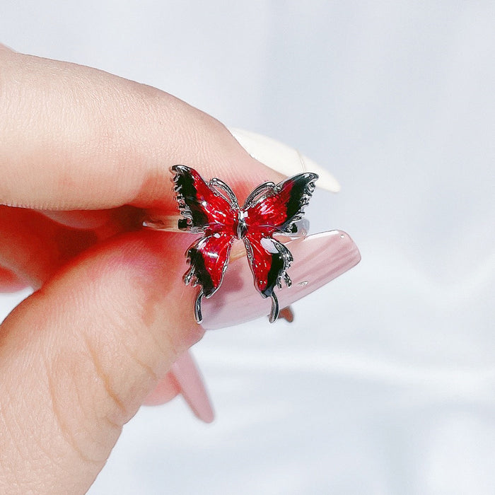 Wholesale Copper Red Enamel Drop Glaze Butterfly Open Ring For Women Stylish Geometric Design Jewelry Accessory Boutique Gift