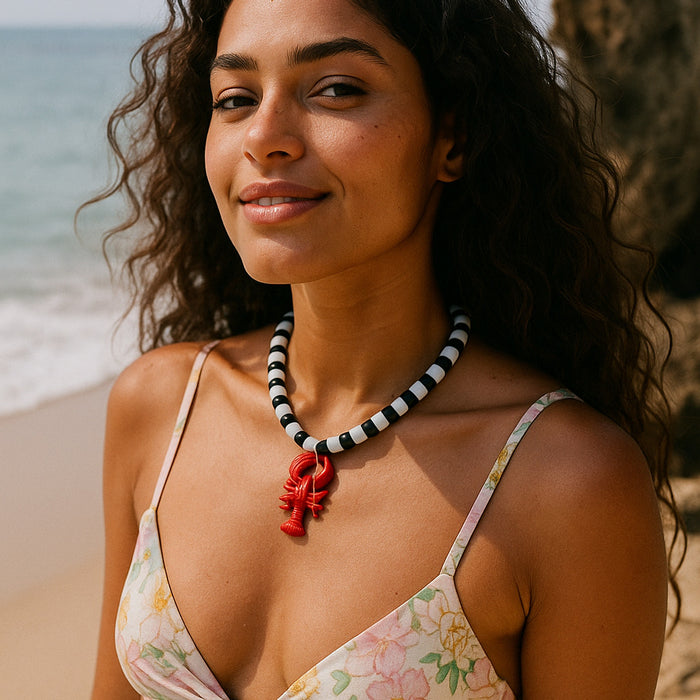 Wholesale Alloy Oil Dripping Lobster Pendant Women's Black and White Beaded Necklace