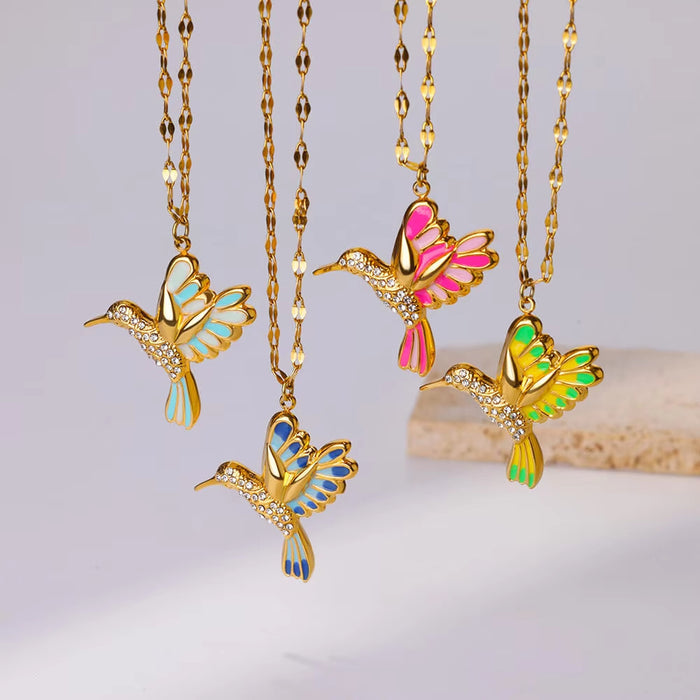 Wholesale Stainless steel hummingbird  pendant jewelry inlaid zircon  necklace