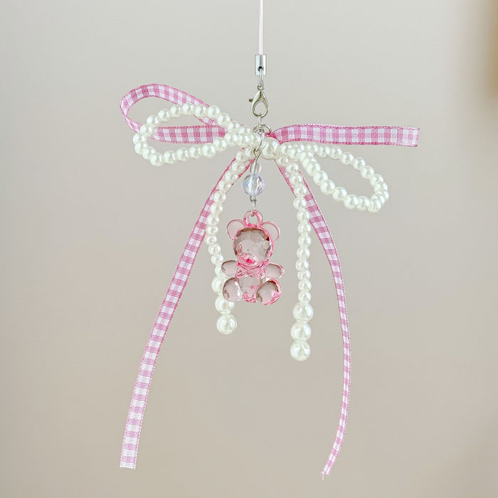 Wholesale Ribbon Bow Mobile Phone Chain Cute Bear Bag Hanging Jewelry Beaded Keychain