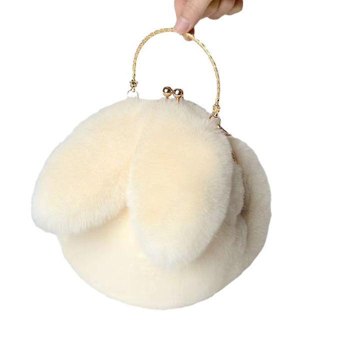 Wholesale Plush Shoulder Bag Women's Portable Crossbody Bag Chain Mobile Phone Bag All-match Small Round Bag Rabbit Ear Clamp Bag