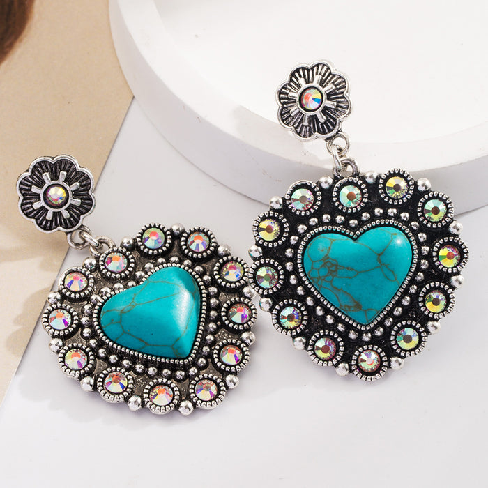 Wholesale Vintage alloy antique silver plated earrings with turquoise heart-shaped pendants