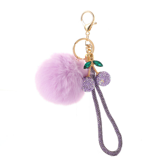 Wholesale Simulation Fruit Crystal Cherry Pom Pom Keychain with Rhinestone Decoration