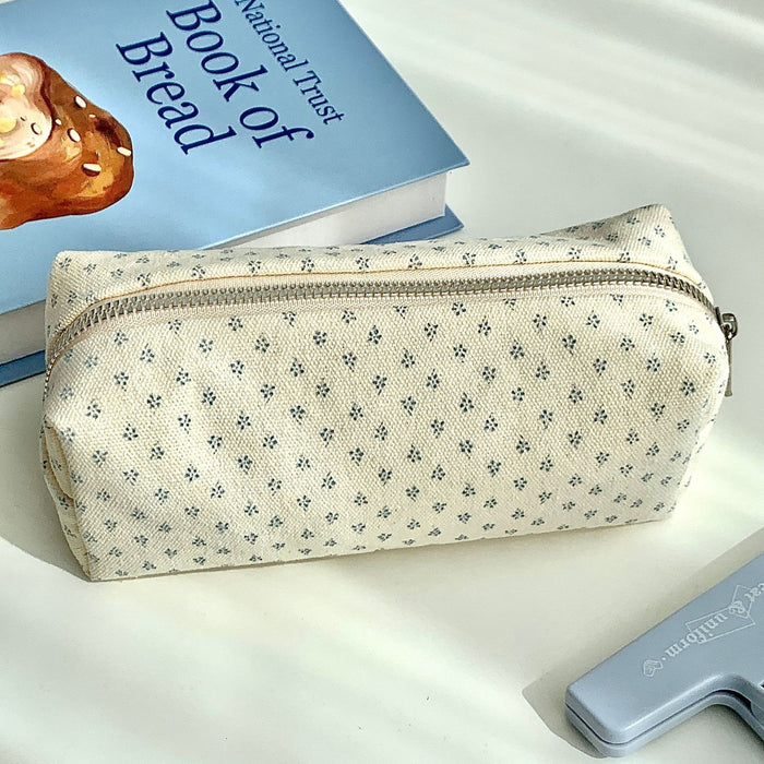 Wholesale Canvas Cream Floral Pencil Case Large Capacity Makeup Bag