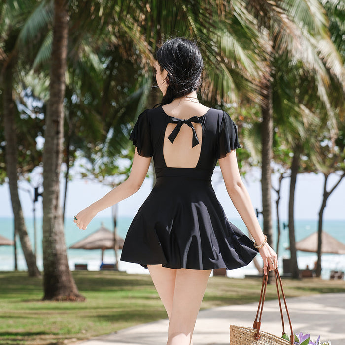 Wholesale New black skirt style one-piece swimsuit, plus size, conservative and high-end, covering the belly and slimming, hot spring swimsuit