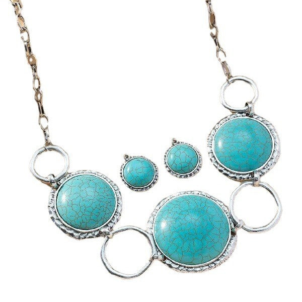 Wholesale Bohemian Vintage Round Turquoise Necklace and Earring Set MOQ≥2