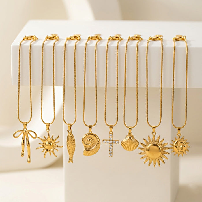 Wholesale High-end clavicle necklace with sun and starfish pendants,  made of titanium steel.