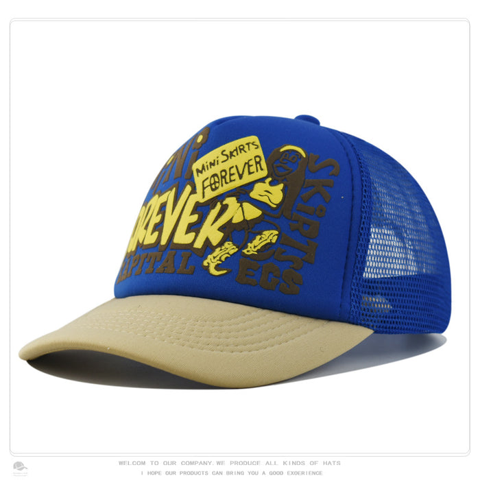 Wholesale Hip-hop printed letter baseball cap visor color-blocked street mesh trucker hat