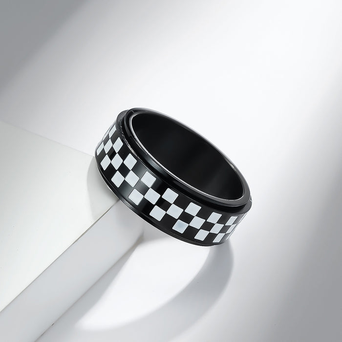 Wholesale Chessboard Black and White Grid Rotatable Stainless Steel Ring JDC-RS-QianF034