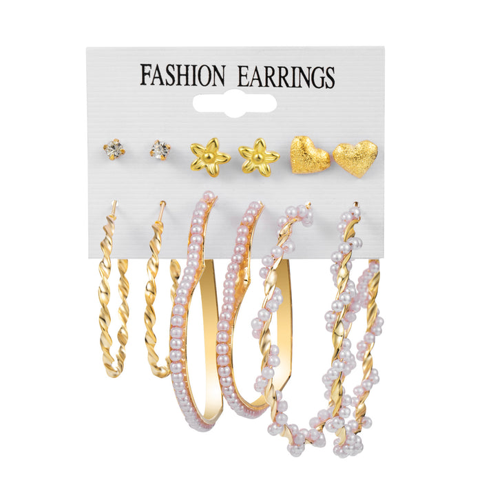 Wholesale 6-piece geometric pearl and diamond statement earring set