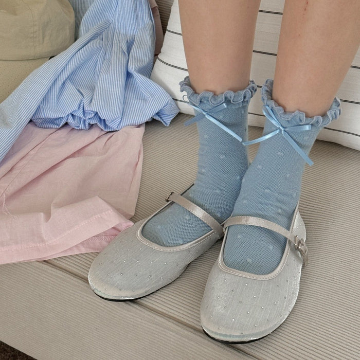 Wholesale Cute mid length socks with butterfly bow and polka dot cotton socks, sweat absorbing and breathable boneless socks