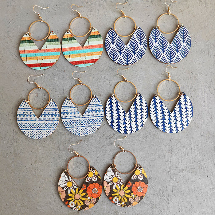 Wholesale 2pcs Blue Dyed Printed Geometric Stripes Stitching Wooden Earrings JDC-ES-HeYi113