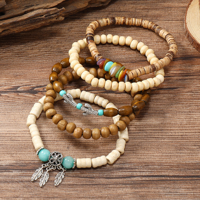 Wholesale Vintage seashell dreamcatcher cactus multi-piece wooden bead bracelet set