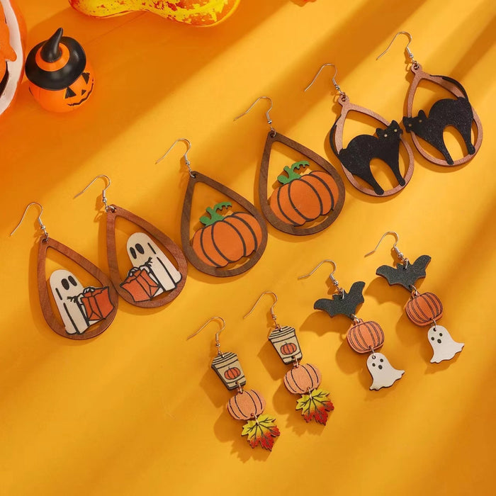 Wholesale  Gothic Black Cat Ghost Pumpkin ing Triple Pendant Earrings Wooden Funny Earrings