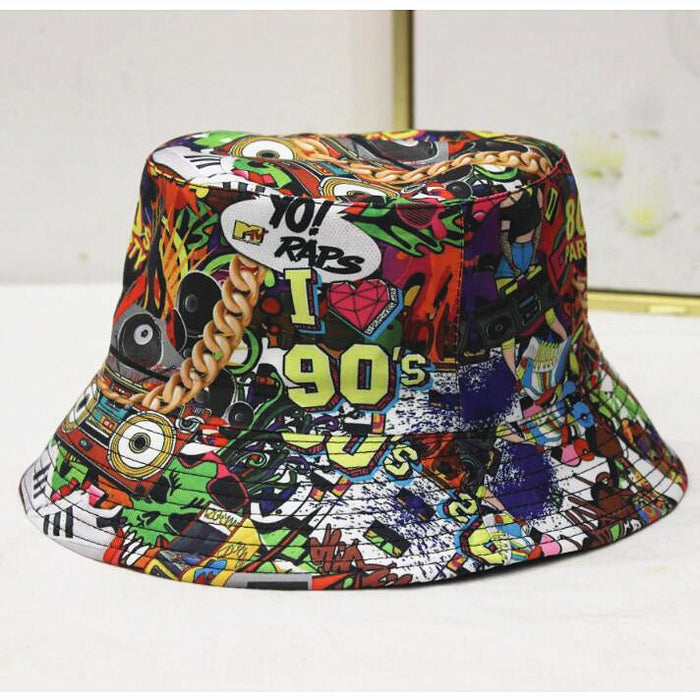 Wholesale geometric graffiti retro fisherman hat printed double-sided all-match basin hat outdoor sun hat