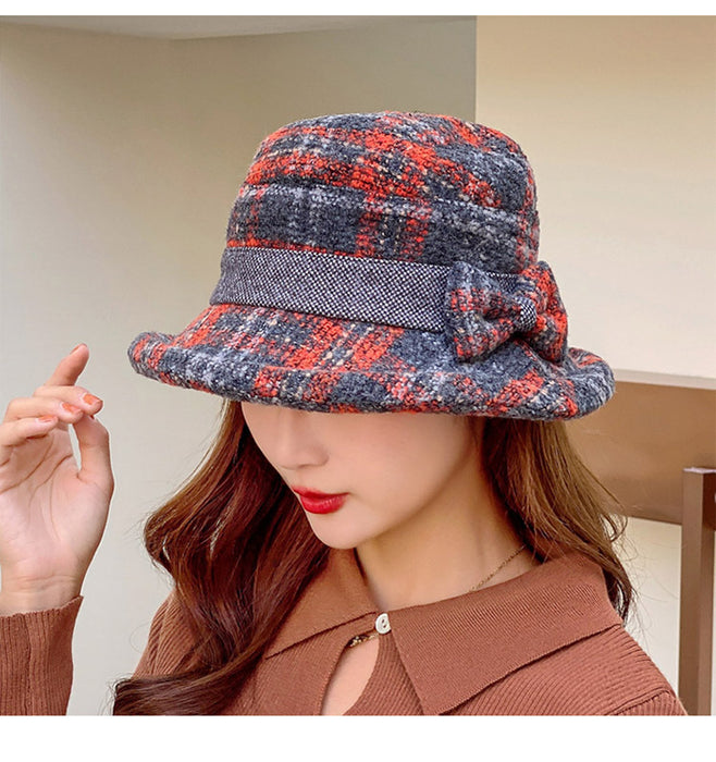 Wholesale Hats for Women Plaid Wool Warm Fisherman Hat Autumn and Winter Round Top Fashion Bow Basin Hat Korean Style Roll Brim Small Hat JDC-FH-DG003