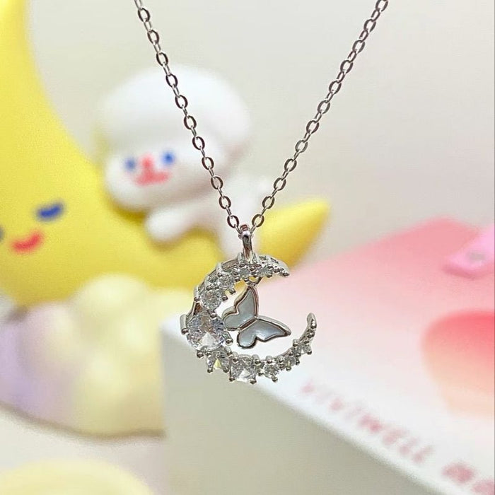 Wholesale Stylish Moon Diamond Butterfly Necklace Alloy Ball Chain Jewelry Accessory