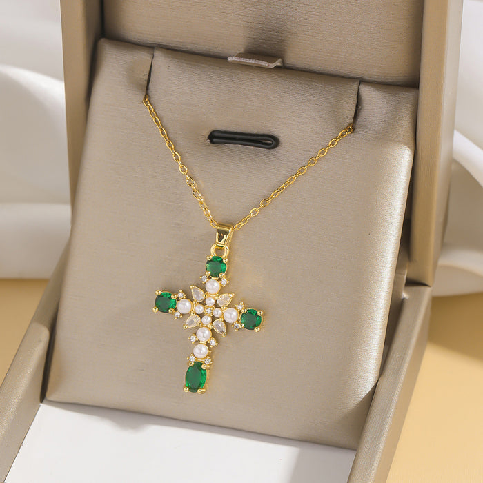 Wholesale Fashion colored zircon cross necklace, niche design accessory, collarbone chain