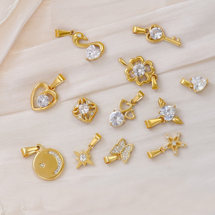 Wholesale 6pcs/set DIY diamond love four-leaf clover butterfly key geometric accessories stainless steel plated 24K gold pendant