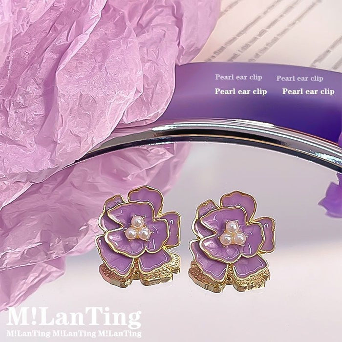 Wholesale New retro high-end pearl camellia earrings with drop glazed temperament earrings