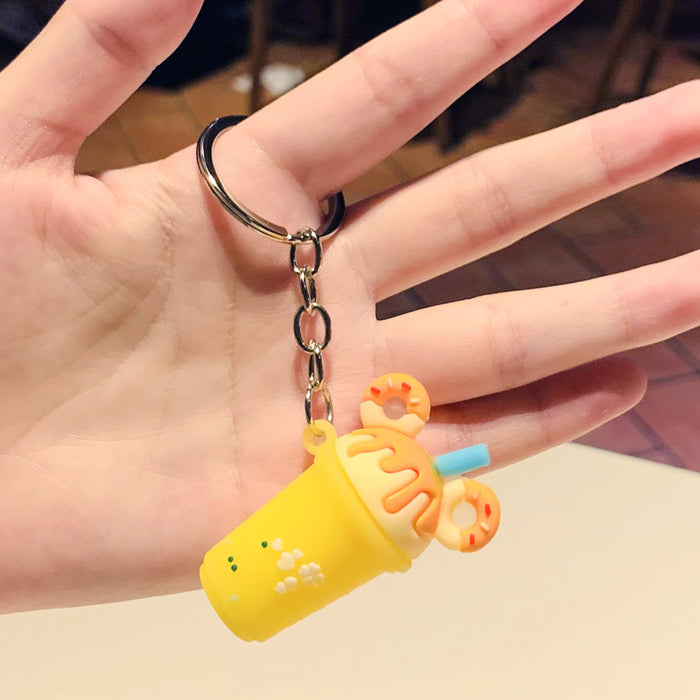 Wholesale Sweet Donut Milk Tea Small Gift PVC Soft Rubber Cute Milk Tea Cup Keychain Car Pendant Bag Hanging Decoration