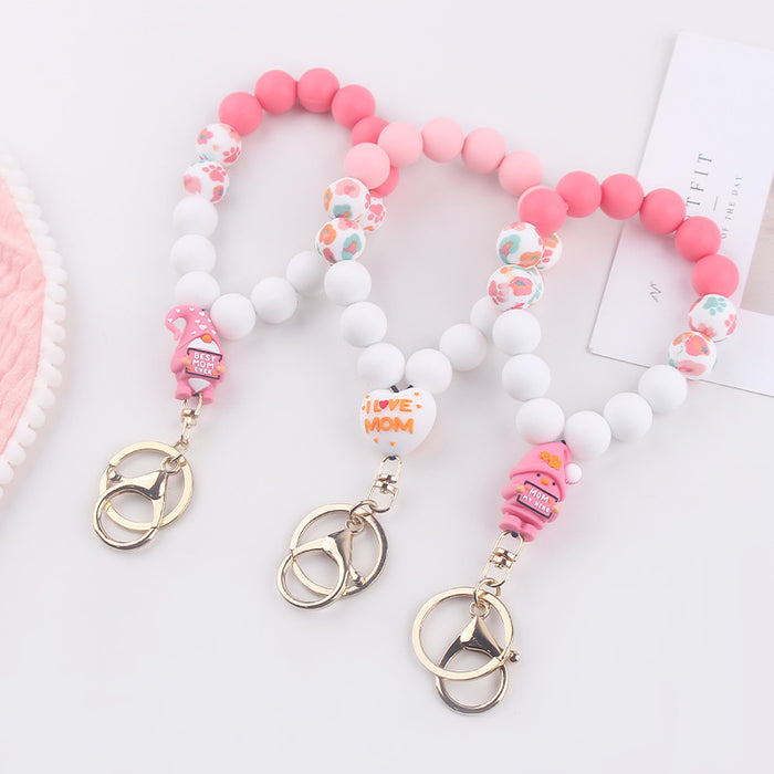 Wholesale Mother' s Day Silicone Wrist Keychain Pendant Love Silicone Beaded Bracelet Key Ring Accessories