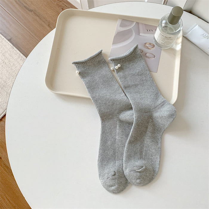 Wholesale Socks Double Needle Solid Color Curled Edge Stacked Socks Middle Tube Socks