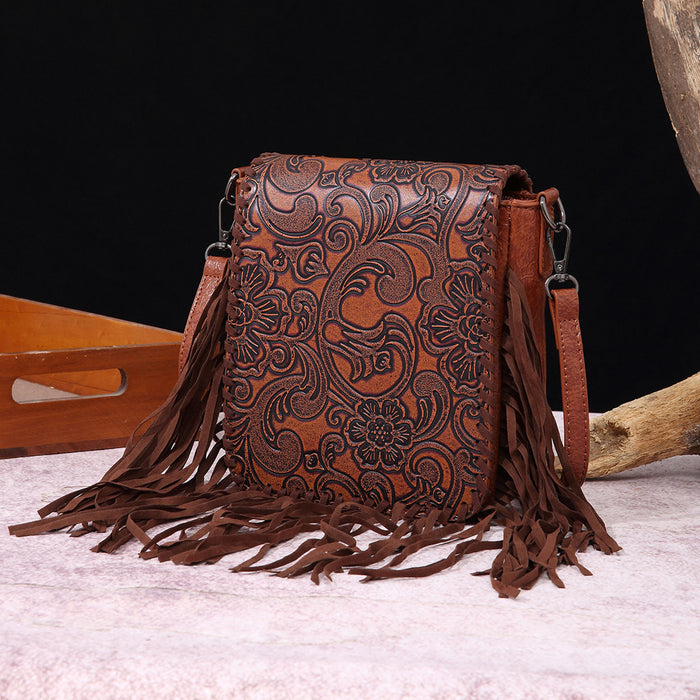 Wholesale Retro cotton and linen printed bohemian style leather carved shoulder crossbody women' s bag