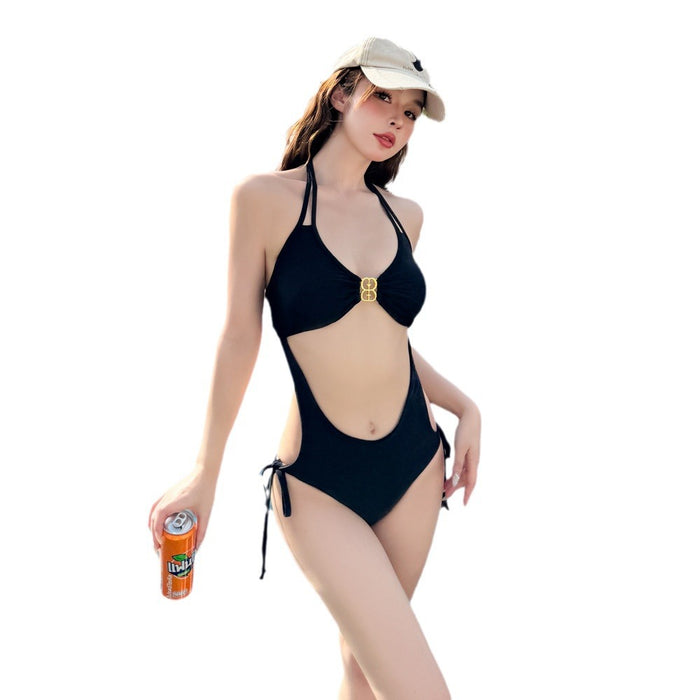 Wholesale Simple solid color lace up neck and sexy hot spring women's one-piece swimsuit