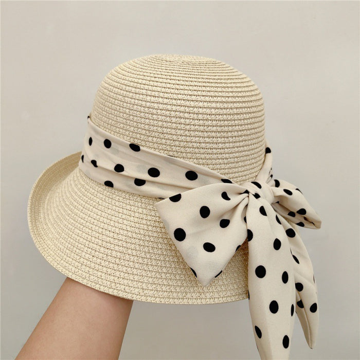 Wholesale Retro elegant polka dot bow sun hat, straw hat, sun protection basin hat