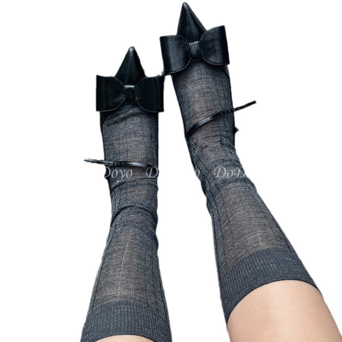 Wholesale Grey socks, calf socks, vertical stripes, runway style, knitted long tube, stacked cotton socks