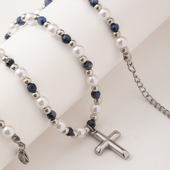 Wholesale Fashion cross handmade bead pearl stone necklace pendant