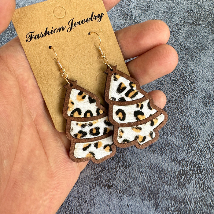 Wholesale Christmas tree leopard print horse hair earrings wood inlaid cowhide light western holiday gift