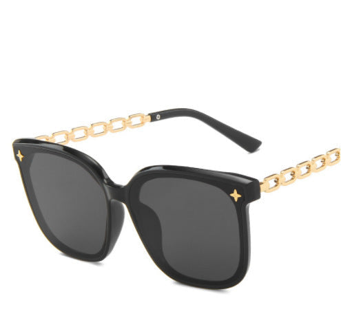 Wholesale Women's sunglasses show face, small chain legs, star sunglasses, big face, slimming, black