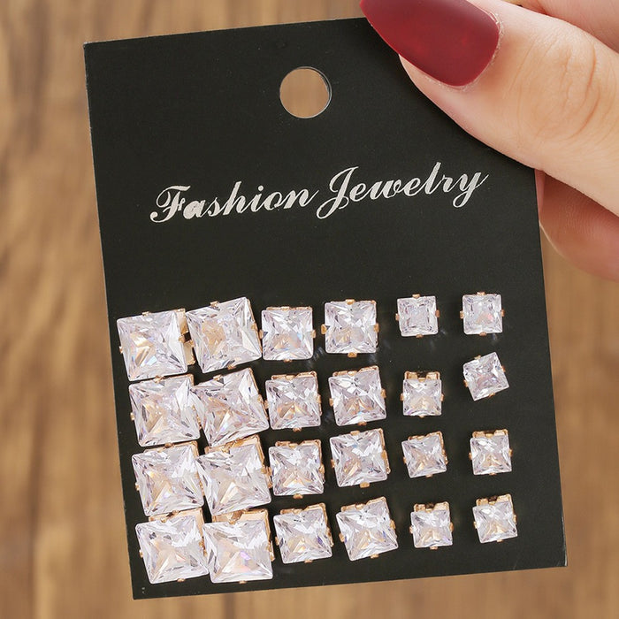 Wholesale Zinc Alloy Zircon Earring Set 12 Pairs Geometric Design Party Wear Jewelry Accessory For Women