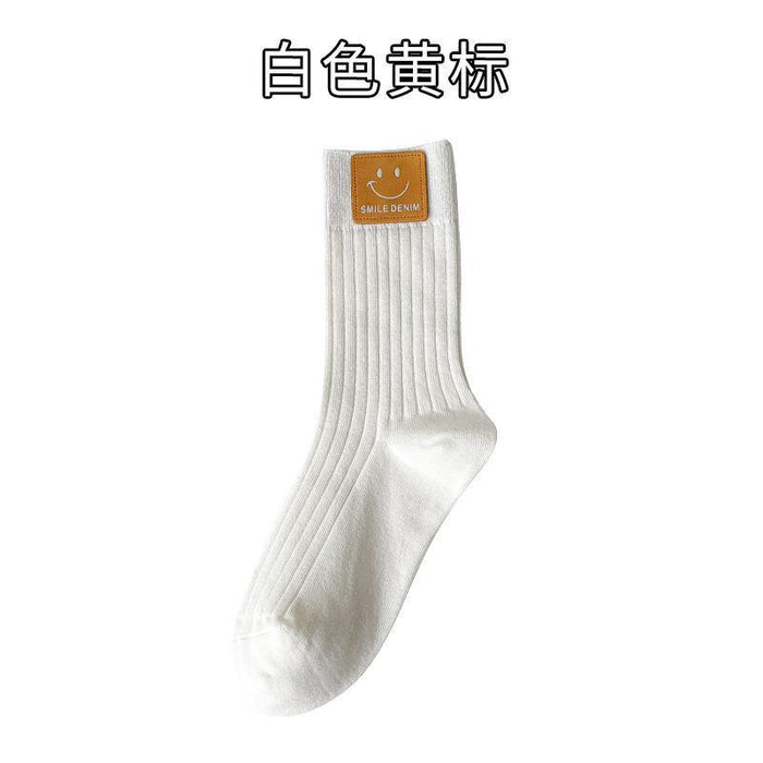 Wholesale Socks, mid tube socks, pure cotton black and white Zhuji socks, smiling face leather label, long tube socks