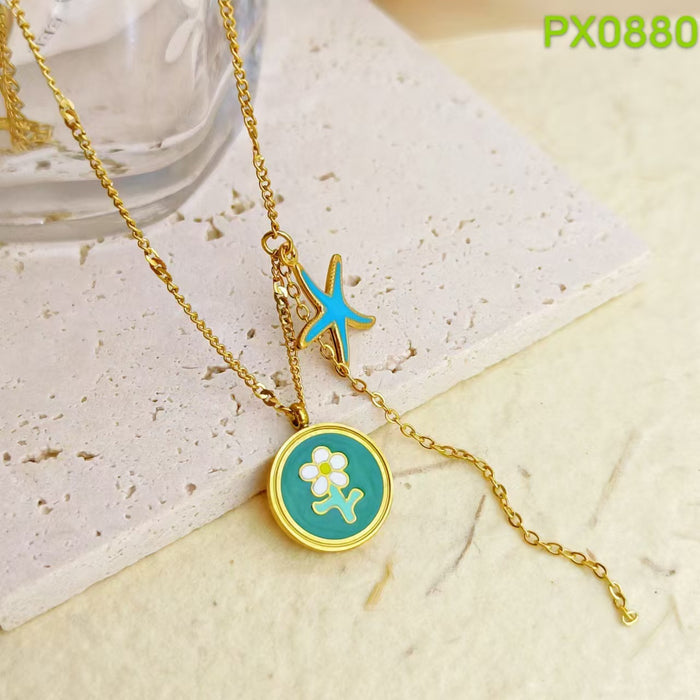 Wholesale Beach starfish oil drop flower necklace, stainless steel collarbone chain, colorfast and versatile accessory