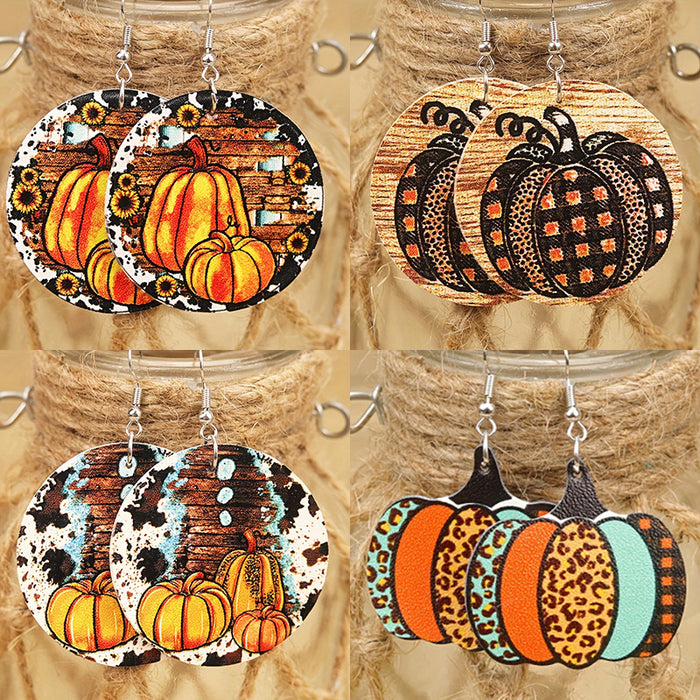Wholesale Thanksgiving Round Summer Pumpkin Maple Leaf Leopard Print Striped European and American Hot Selling Women' s Leather Earrings