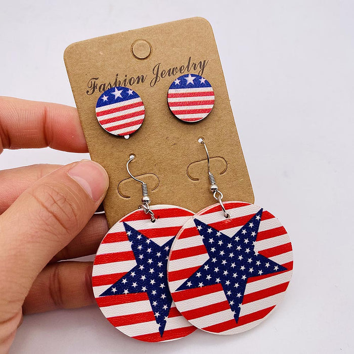 Wholesale New Independence Day Earrings Earring Set with American Flag Round Heart Five Pointed Star Sunflower Leather Earrings JDC-ES-YaChen002