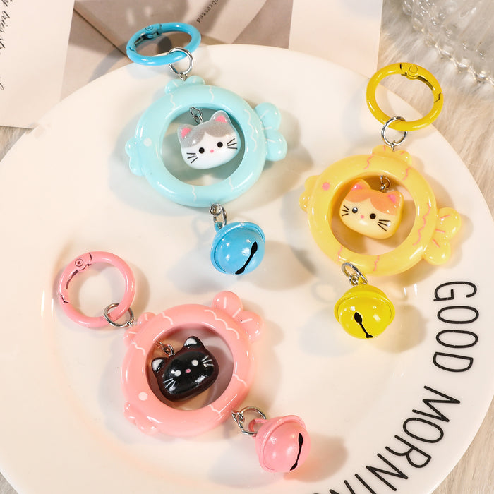 Wholesale Cartoon Cat Eating Fish 3D Keychain With Bell Blue Plastic Key Ring Fashion Bag Charm Accessory