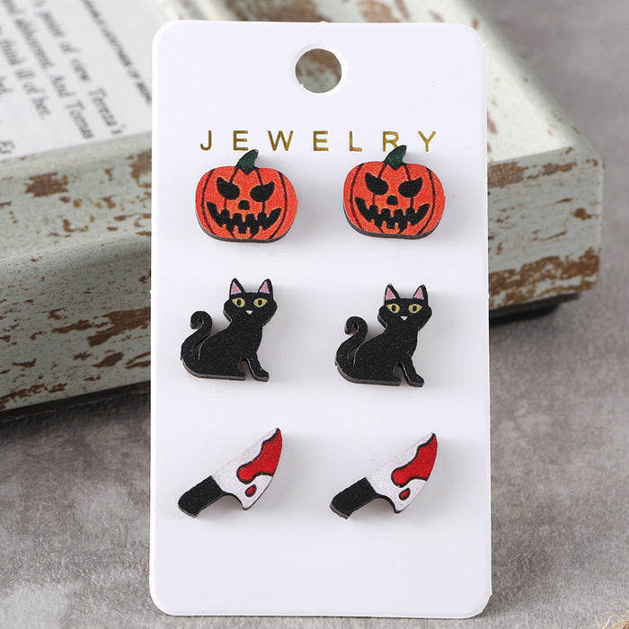 Wholesale  Bat Pumpkin Black Cat Skull Ghost Earring Set Wooden Party Earring Gift