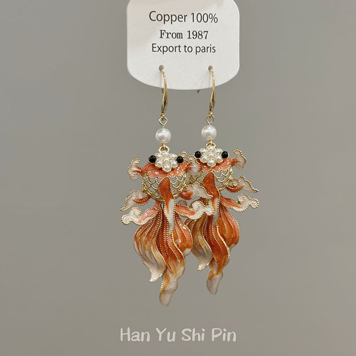 Wholesale Enamel Oil-Drip Goldfish Tassel Earrings