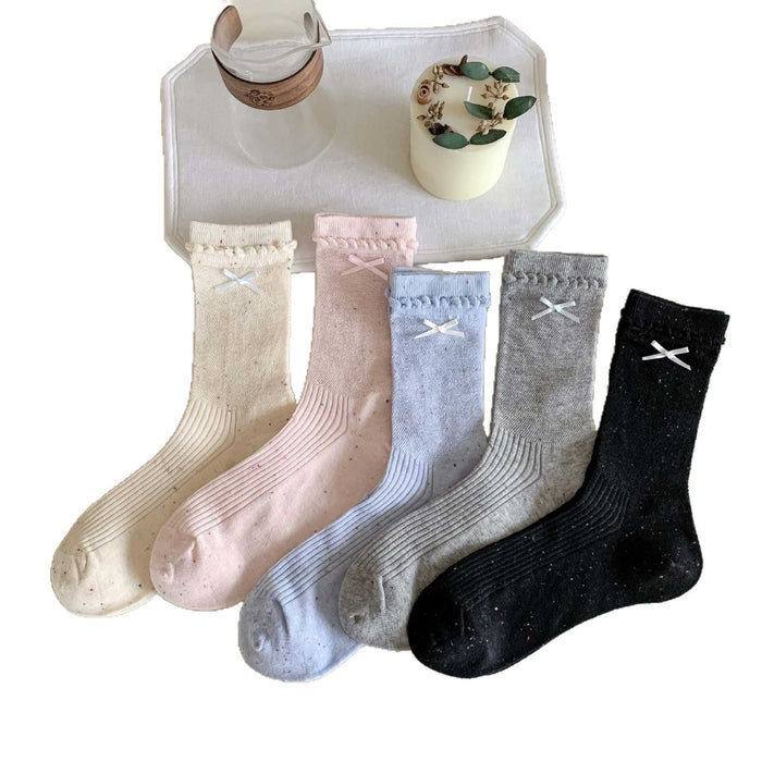 Wholesale Thin socks, butterfly knot yarn pile socks, hollowed out Japanese lace mid tube socks